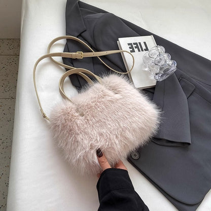 Winter Fashion Faux Fur Crossbody Bags for Women's Gift, Pearl Chain Decor Shoulder Bag, Ladies Handbags Top-handel Bag