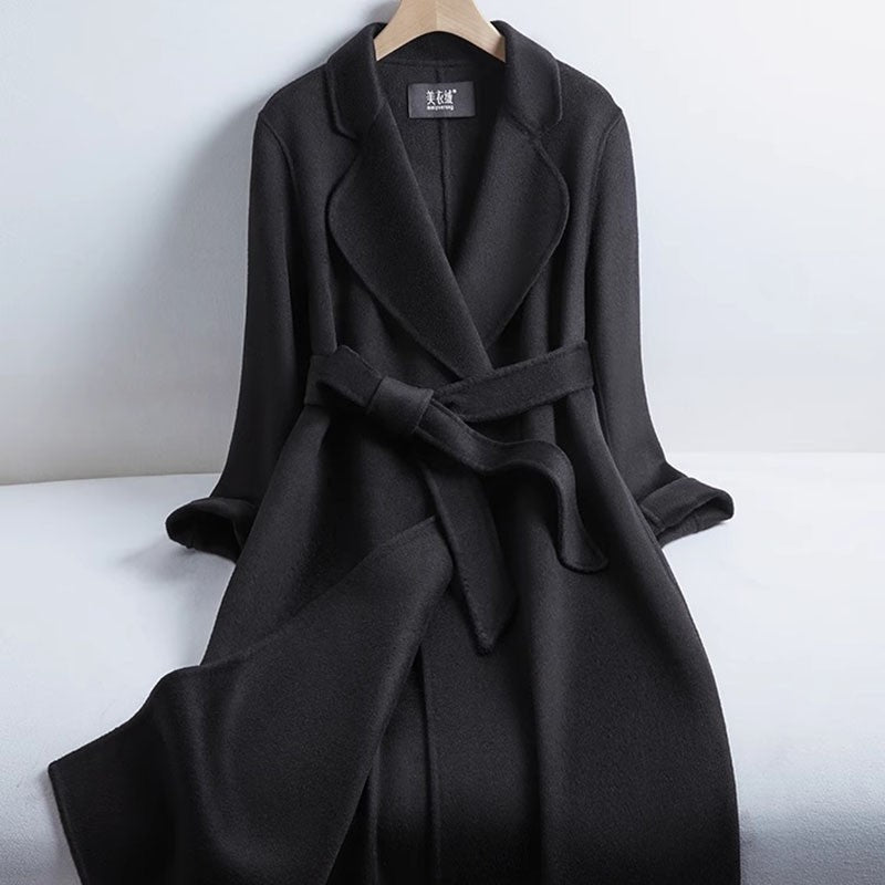 Grey Double-sided Cashmere Coat For women Slim For Autumn Winter New Winter High-end Temperament Thick Woolen Coats With belt