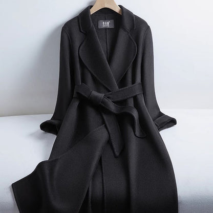 Grey Double-sided Cashmere Coat For women Slim For Autumn Winter New Winter High-end Temperament Thick Woolen Coats With belt