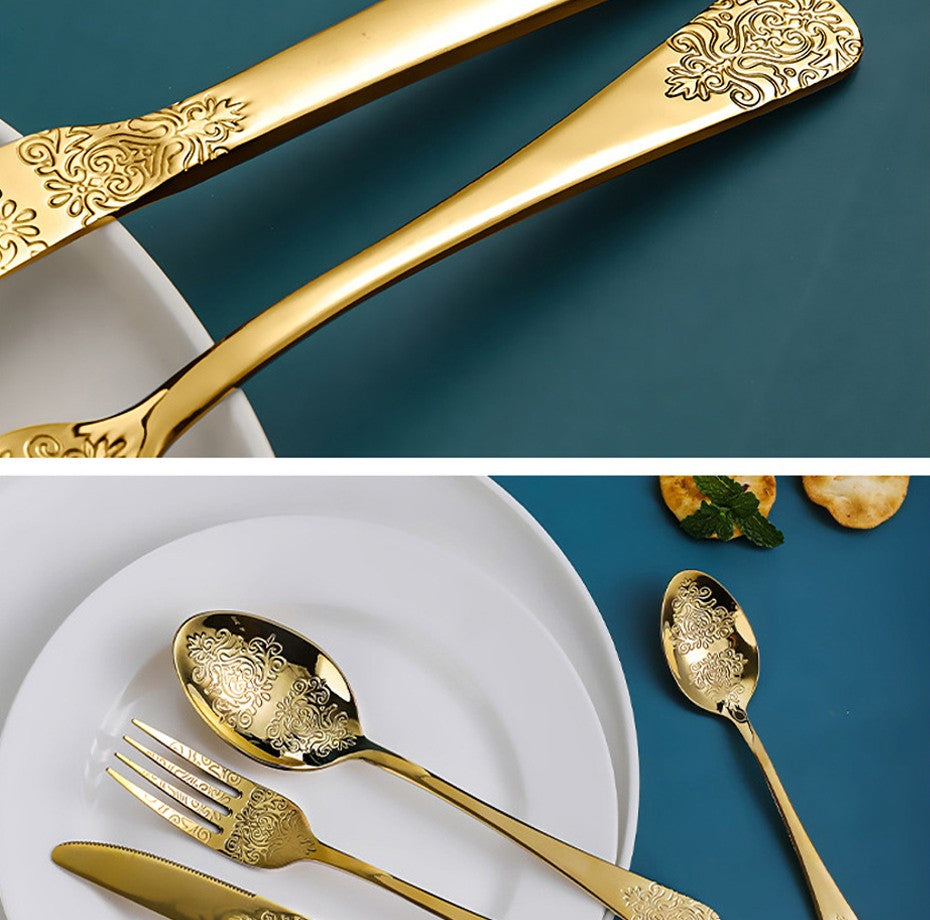 16/24Pcs Silverware Set,304 Stainless Steel Gold Cutlery Kit Mirror Polished Flatware Sets Vintage Carved Utensils Set Tableware