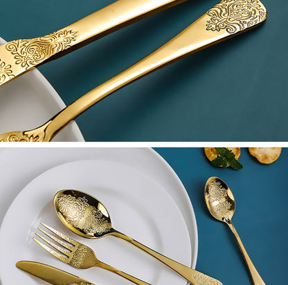 16/24Pcs Silverware Set,304 Stainless Steel Gold Cutlery Kit Mirror Polished Flatware Sets Vintage Carved Utensils Set Tableware