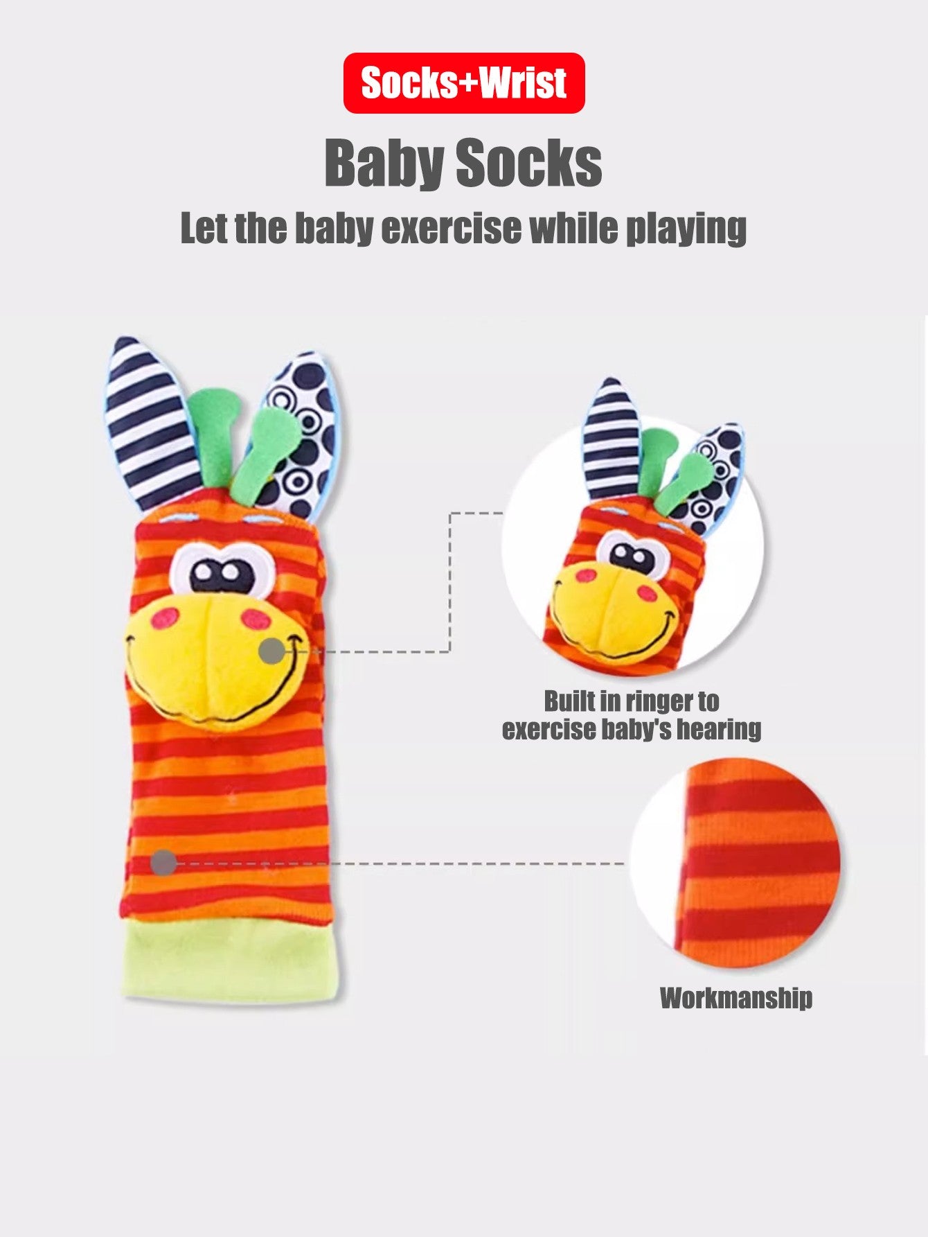 Conjunto com 4 peças de chocalhos de pulso e meias para bebês 0-12 meses, meninos e meninas, brinquedos educativos para o desenvolvimento inicial, presentes sensoriais fofos para bebês