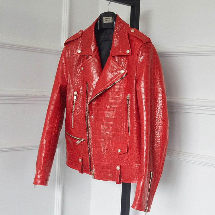 Mauroicardi Spring Red Crocodile Pattern Faux Leather Biker Jacket Long Sleeve Zipper Plus Size Designer Men Clothing 4xl 5xl