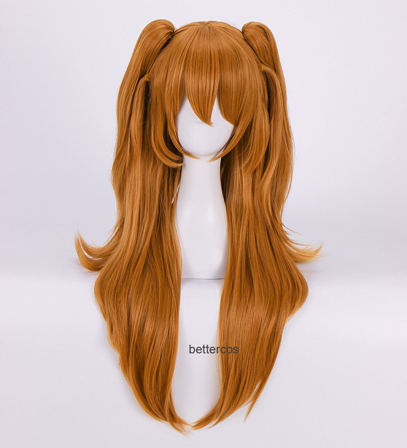 Perucas de Cosplay de Alta Qualidade EVA Asuka Langley Soryu Laranja Longa com 2 Grampos de Rabo de Cavalo Peruca de Cabelo Sintético Resistente ao Calor + Touca de Peruca