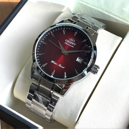 Orient Automático Masculino, Mostrador Preto, Pulseira de Aço Inoxidável, Relógio de Pulso Clássico de Negócios Resistente à Água com Exibição de Data