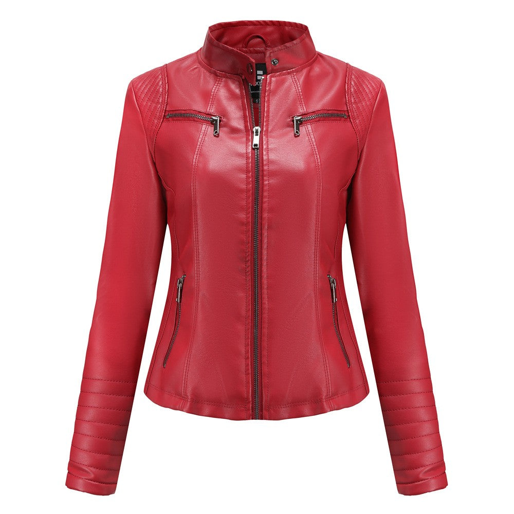 Women's Slim Leather Jacket, Stand-up Collar, Zipper Stitching, Monochromatic Coat, Fashion Clothing, New