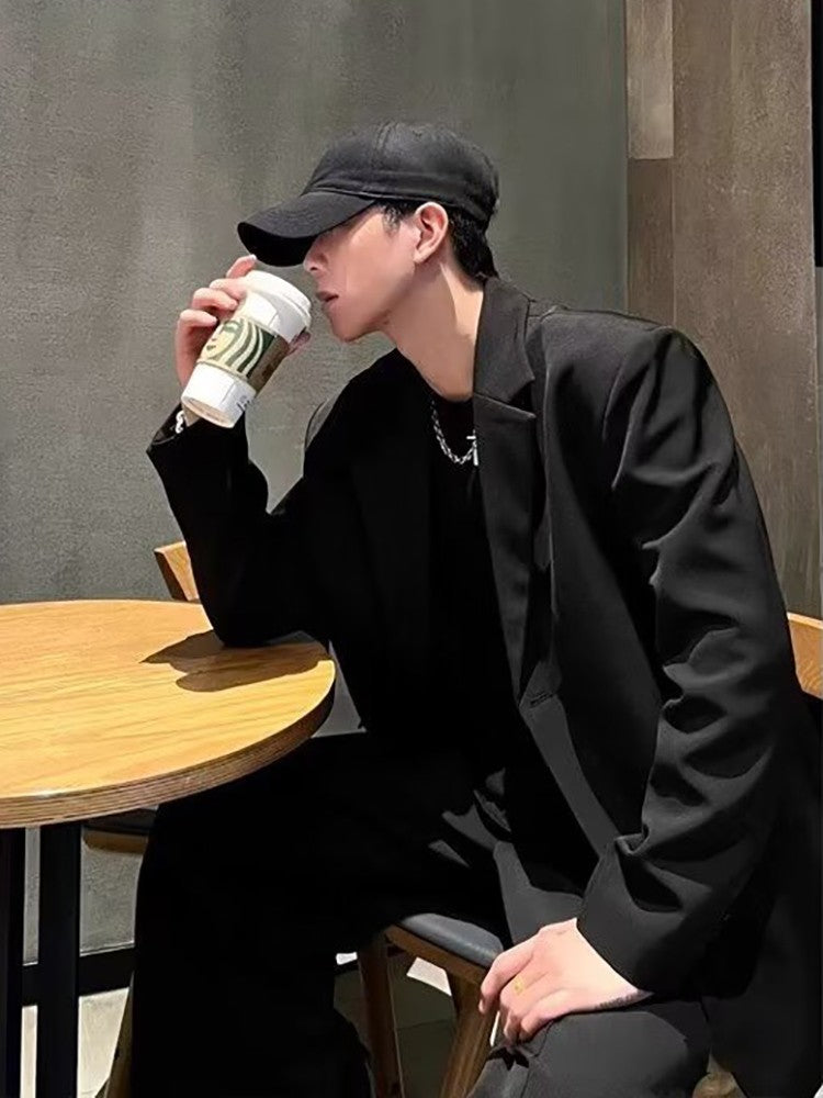 Menswear Classic Blazer Mens Casual Lightweight Jacket Autumn Korean Style Black Coat Fashion High Street Single-breasted Blazer