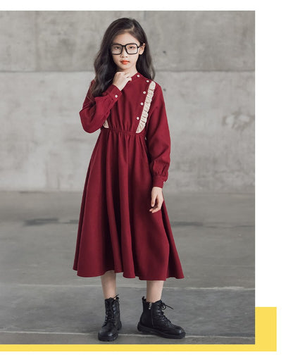 Girls' Dress New Style For  Children Stand Collar Waist-Cinching Slimming Mid-Length Dress Long Sleeve For Kids 5-12Y