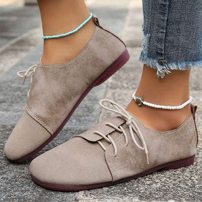 Round Toe Faux Suede Flats Shoes Women Spring Autumn Concise Lace Up Flat Heel Shoes Woman Plus Size Non Slip Casual Shoes Lady