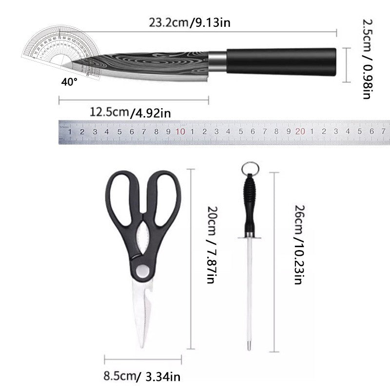Kitchen Knives Scissors Sharpening Rod Set Laser Damascus Pattern Utility Stainless Steel Sharp Slicing Chef knife Cooking Tool