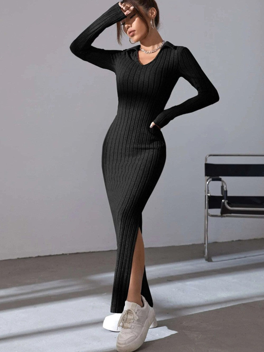 Spring and summer 2024 new style knitted slim lapel long sleeve dress pit strip solid color tight skirt
