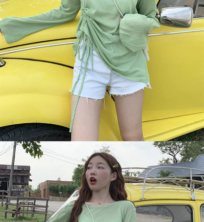 Women's 2025 Women's Summer New Beach Long sleeved Sunscreen Jacket Loose Hoodie Drawstring Upward Shirt