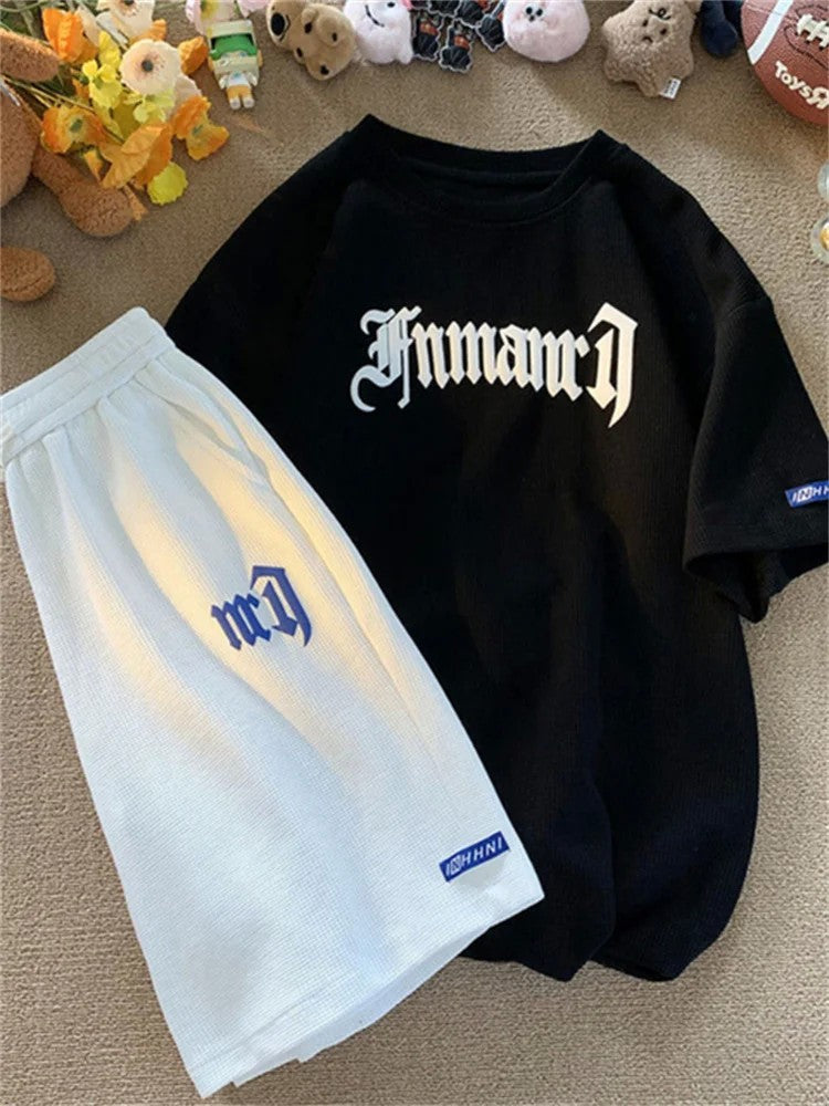 Summer Oversize Casual Fashion tracksuit Loose Jogging Waffle Suit Men Loose Short-sleeve tshirt + Sports Shorts 2pcs Set Outfit