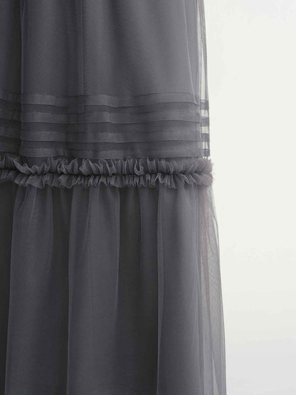 DUSHU Three-color Ruffled Mesh Skirt Women Pleated Mesh Straight Skirt Fairy Retro Gothic Cool Girls Elastic Waist Loose Fit