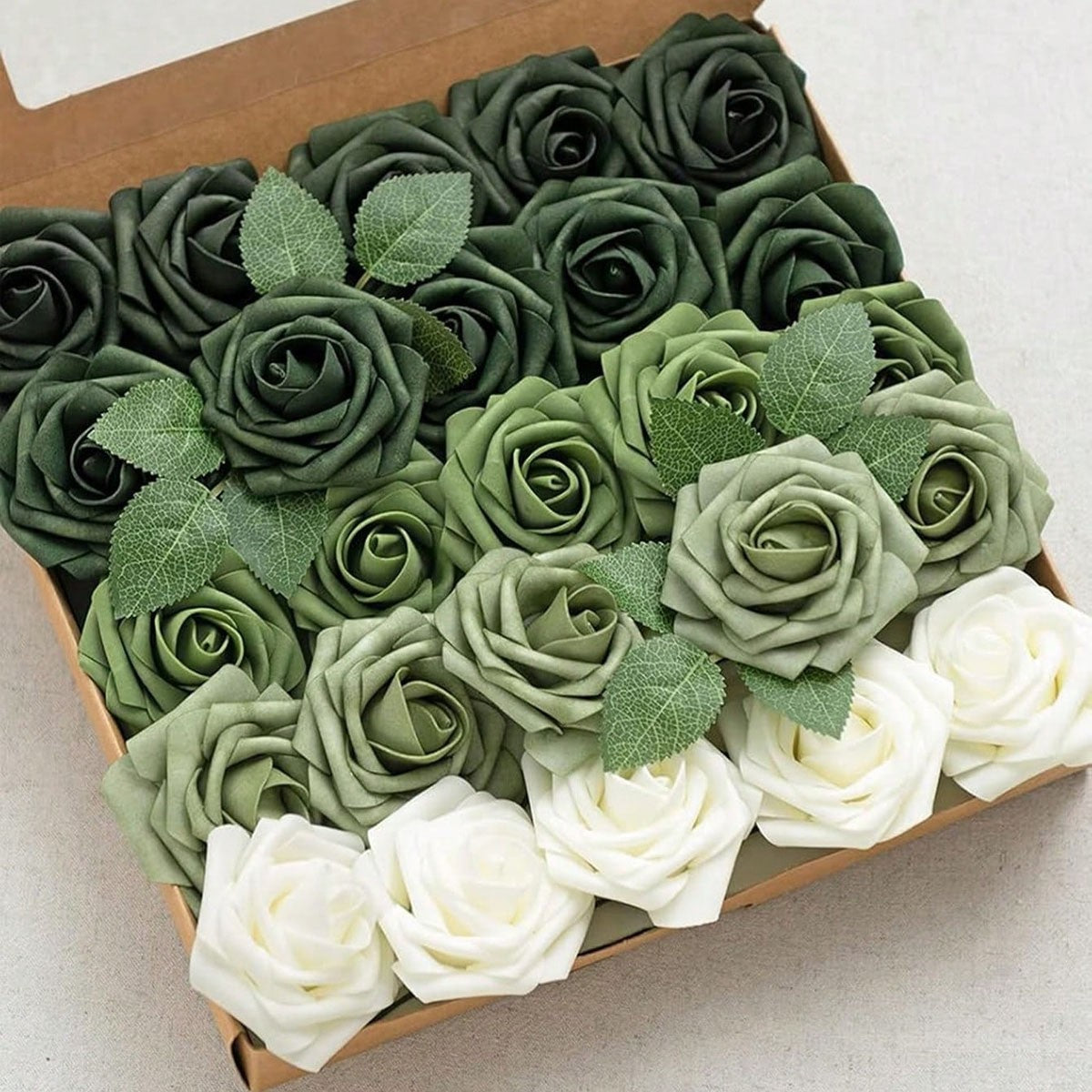25pcs Artificial Roses, Green Gradient Artificial Rose Set - DIY Wedding Bouquet, Suitable For Wedding, Cake, Party Decoration