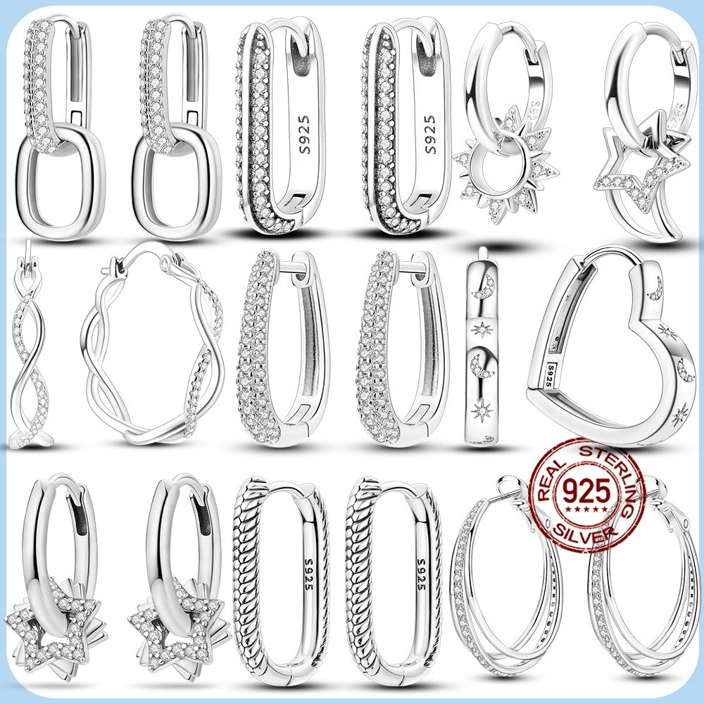 Original Silver Zircon U-Shape Heart Earrings 925 Sterling Silver Hoop Earrings  Jewelry Gift For Women Girls Party Engagement