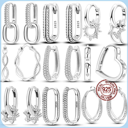 Original Silver Zircon U-Shape Heart Earrings 925 Sterling Silver Hoop Earrings  Jewelry Gift For Women Girls Party Engagement