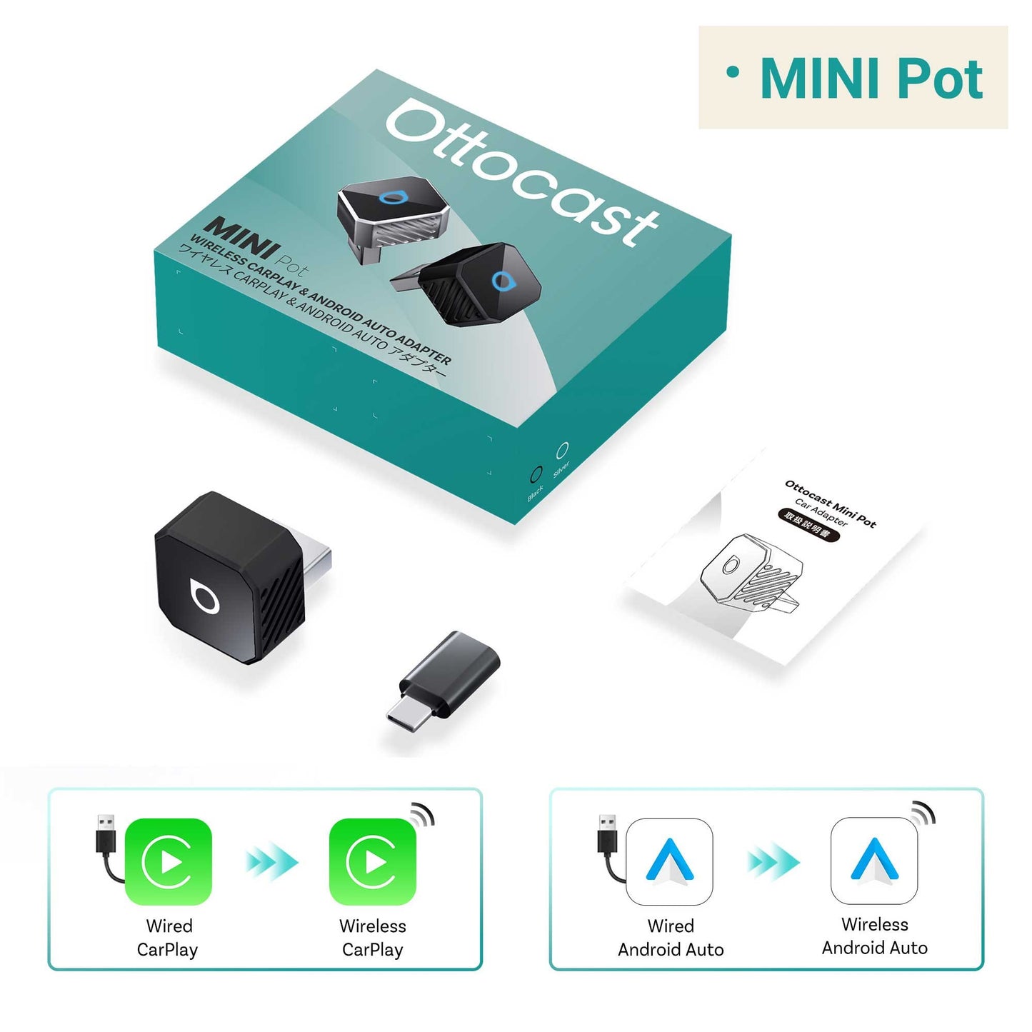 Adaptador OTTOCAST Mini Slim Cube sem fio para CarPlay e Android Auto, 2 em 1, USB, acessórios inteligentes para carro VW Haval Audi Kia Porsche Lexus