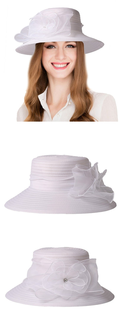FS Chapéus Brancos de Igreja para Mulheres Elegantes com Aba Larga Fascinators de Casamento Boné com Flor Chapéu de Balde Guarda-sol de Praia de Inverno Sombrero
