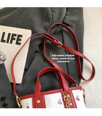 Women PU Cherry Shoulder Bag Large Capacity Trendy Commuting Bag with Cherry Pendant Stylish Crossbody Bag Aesthetic Handbag