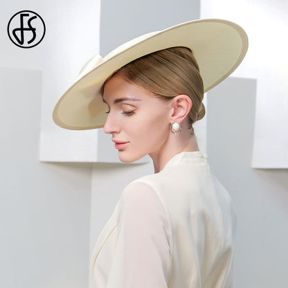 FS Elegante Chapéu de Aba Larga Marfim Feminino Grande Laço Ocasião Formal Kentucky Boné Feminino Casamento Coquetel Festa Fedora de Topo Reto 2024