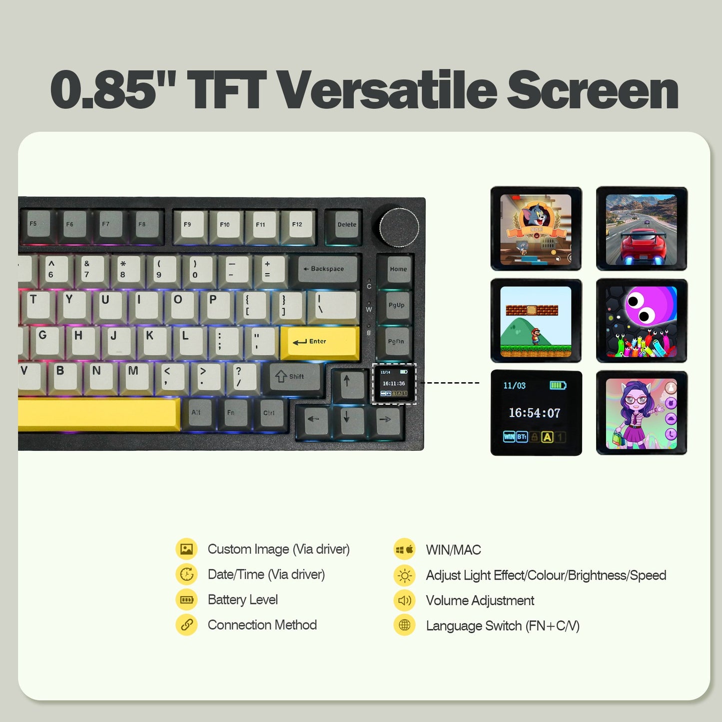 Teclado Gamer Ajazz AK820 Pro com Chave Magnética, Montagem Gasket, Bluetooth 5.1/Wireless 2.4G/USB-C com Fio, Tela TFT, para Mac/Windows