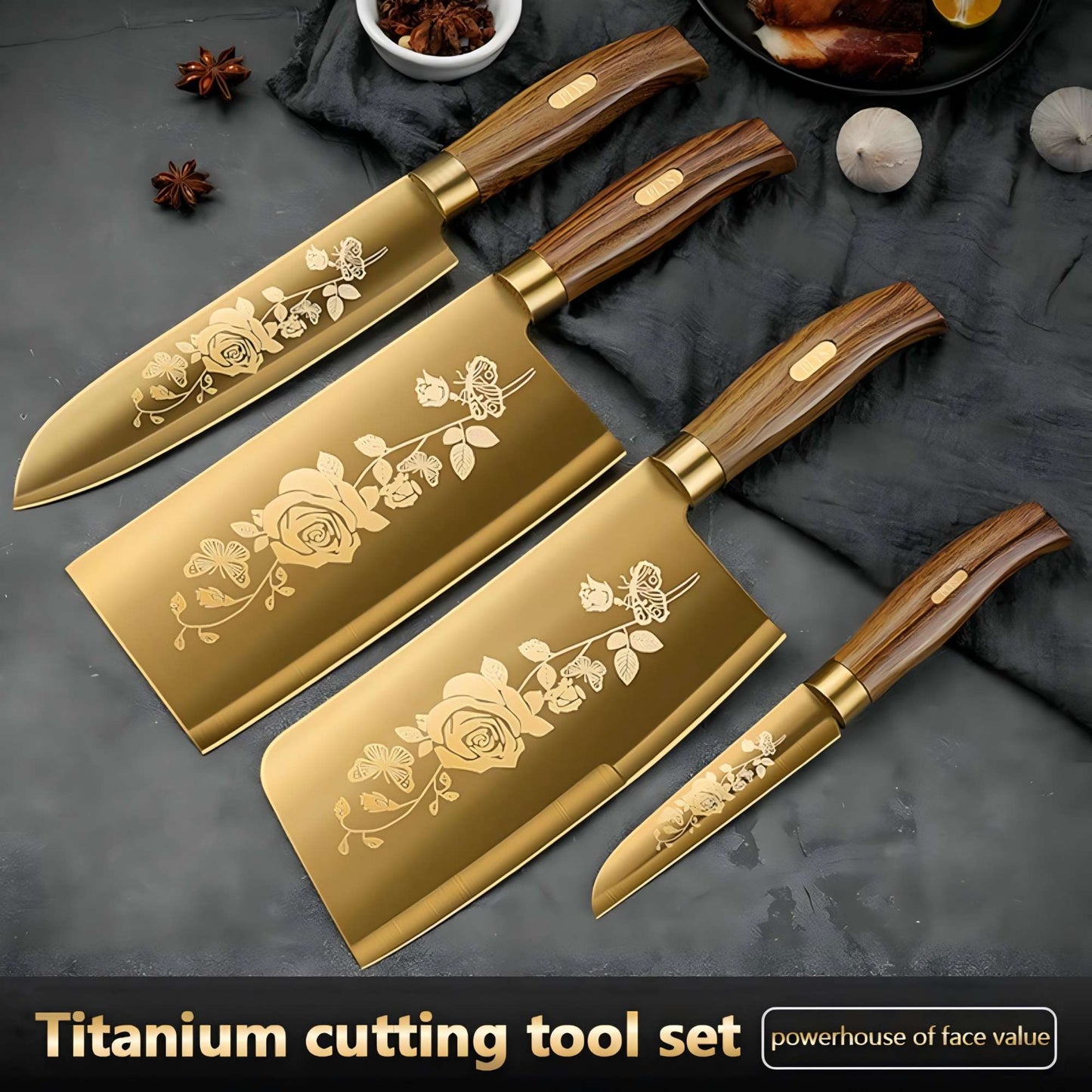 Conjunto de 4 Facas de Cozinha com Revestimento de Titânio - Afiadas, Duráveis, Perfeitas para Cortar Carnes e Ossos, para Cozinhas Profissionais e Domésticas