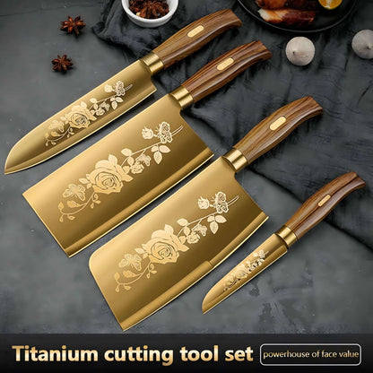 Conjunto de 4 Facas de Cozinha com Revestimento de Titânio - Afiadas, Duráveis, Perfeitas para Cortar Carnes e Ossos, para Cozinhas Profissionais e Domésticas