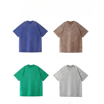 230g retro fried snowflake washed T-shirt Europe and the United States cross-border cotton t loose bottoming round neck pullover