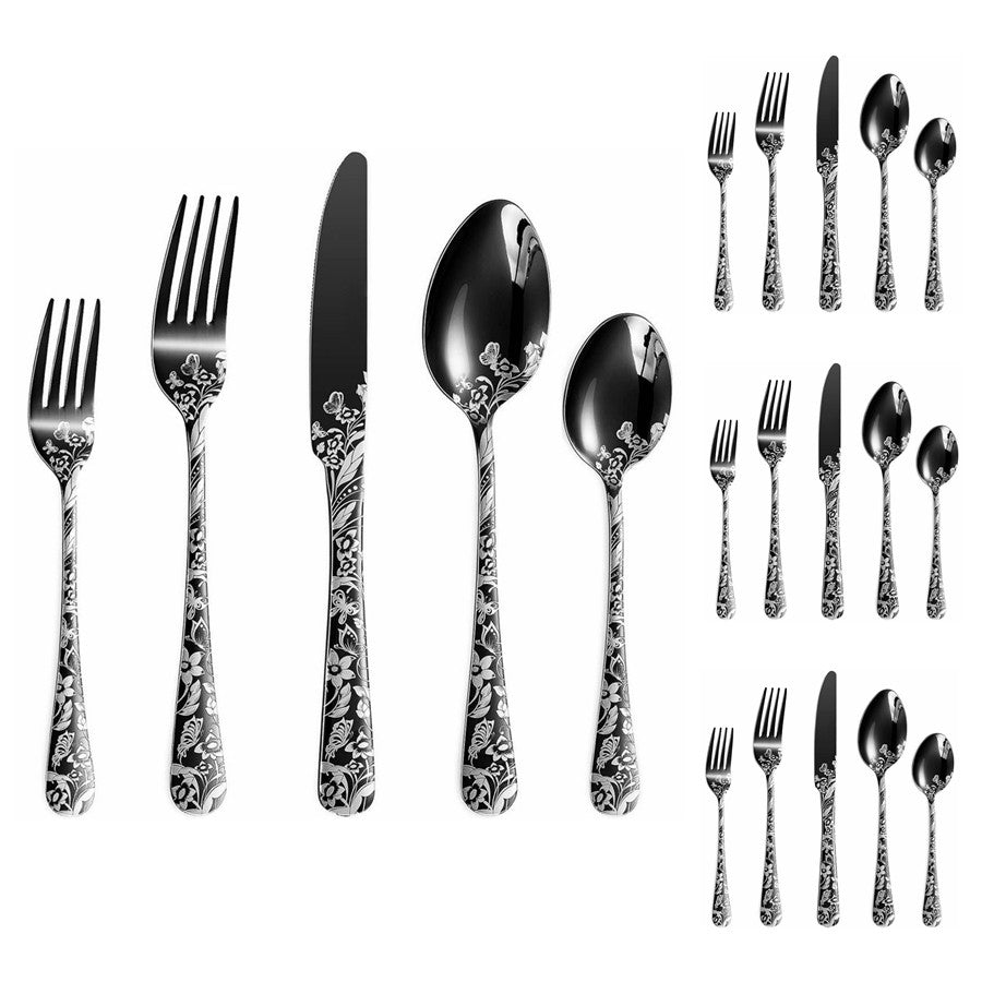 Conjunto de Talheres de Aço Inoxidável 20 Peças com Padrão de Borboleta, Talheres Espelhados, com Colher, Garfo e Faca, Adequado para Entusiastas de Dark Rock, Adequado para o Halloween,