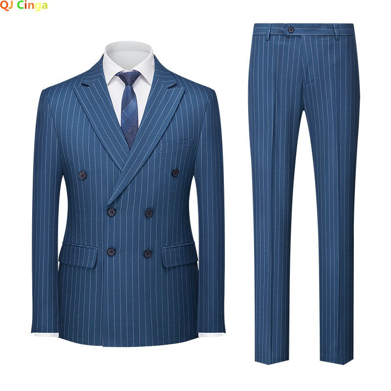 Blue Pinstripe Men's Double-breasted Suit Two-piece, Wedding/Party/Business Dress Jacket and Pants, Red Gray Male Sets M-4XL 5XL