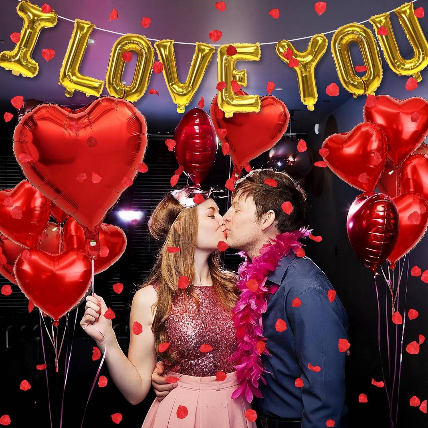 I Love You/Red Heart Love Foil Balloon 1000Pcs Rose Petals for Wedding Anniversary Valentine Day Romantic Special Night Party
