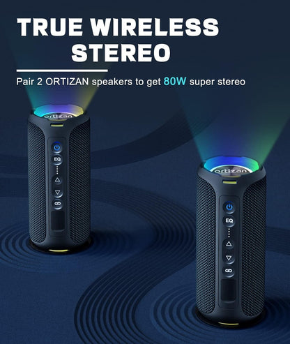 Caixas de Som Bluetooth Ortizan 40W, Graves Aprimorados, Alto-falante Sem Fio Portátil para Exterior, 30 Horas de Duração, À Prova D'água IP7, Alto-falante de Chuveiro Bluetooth 5.3