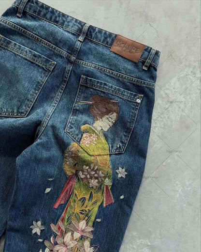 New European and American Trendy Streetwear Trousers Y2K Harajuku Retro Blue Baggy Jeans Wome Casual High-waisted Straight Pants