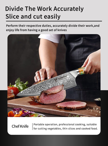Conjunto de facas de cozinha SANMUZUO 2 peças - Série Xuan - Faca de Chef e Faca Nakiri em Aço Damasco VG10, Melhor Presente para Chefs - Cabo de Resina
