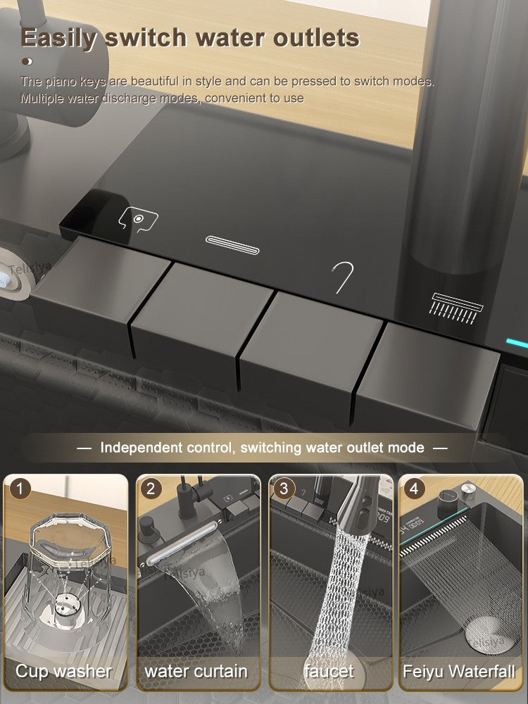 Stainless Steel kitchen Sink With Waterfall Golden Large Single Slot Multifunctional Digital Display Sinks 100*50CM
