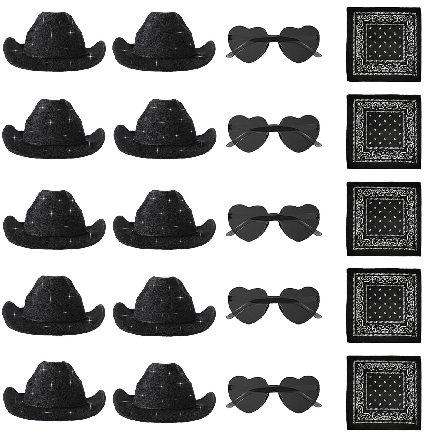 6-48Pcs Sparkly Cowboy Hat for Wedding Bachelorette Party Cowgirl Hats with Bandanas Heart Sunglasses Western Party Supplies
