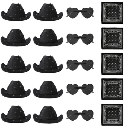6-48Pcs Sparkly Cowboy Hat for Wedding Bachelorette Party Cowgirl Hats with Bandanas Heart Sunglasses Western Party Supplies