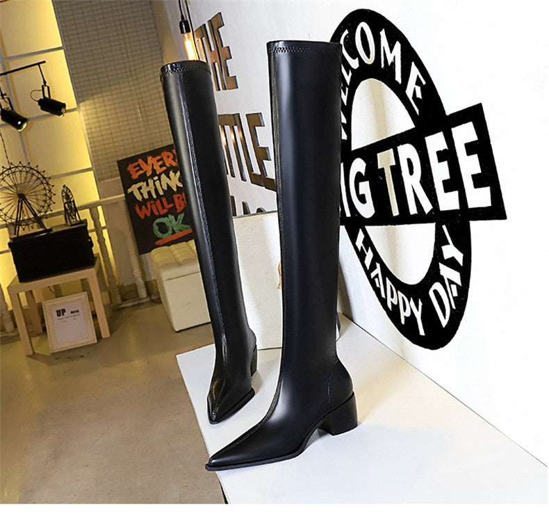 2024 New Autumn Women's Pointed Toe Boots Over-the-Knee Sewing Slip On PU Leather Square Heel Street Style Shoes Black