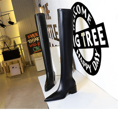 2024 New Autumn Women's Pointed Toe Boots Over-the-Knee Sewing Slip On PU Leather Square Heel Street Style Shoes Black