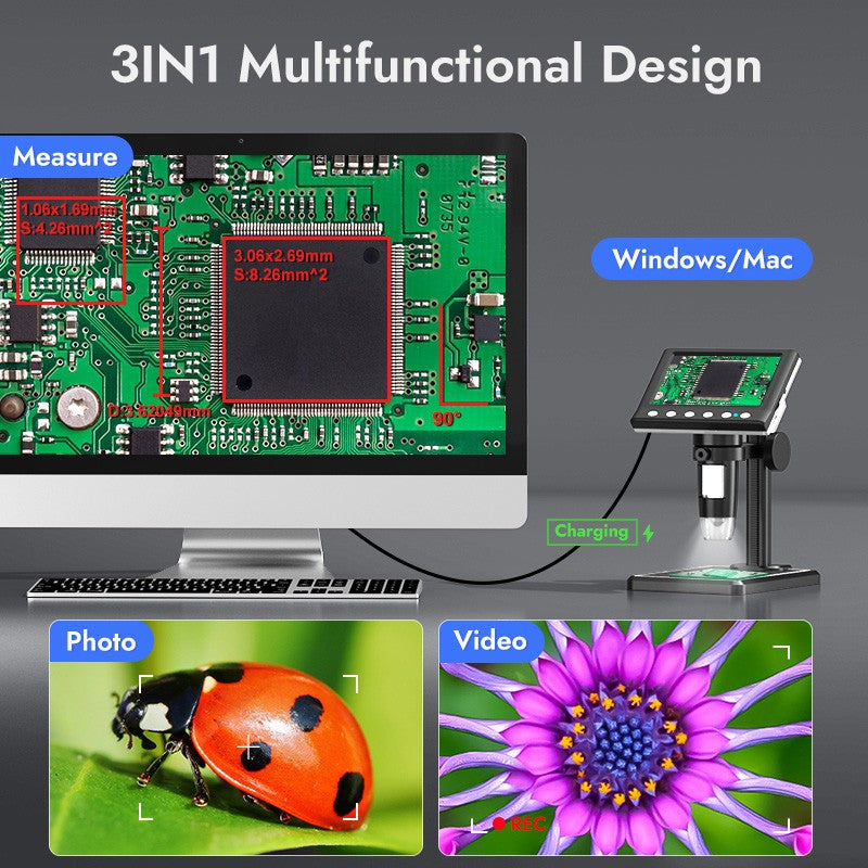Microscópio Digital Hayve 4.3'' 1600X Microscópio USB 1080p Microscópio para Solda com 8 LEDs Compatível com Windows/Mac OS (DM7)