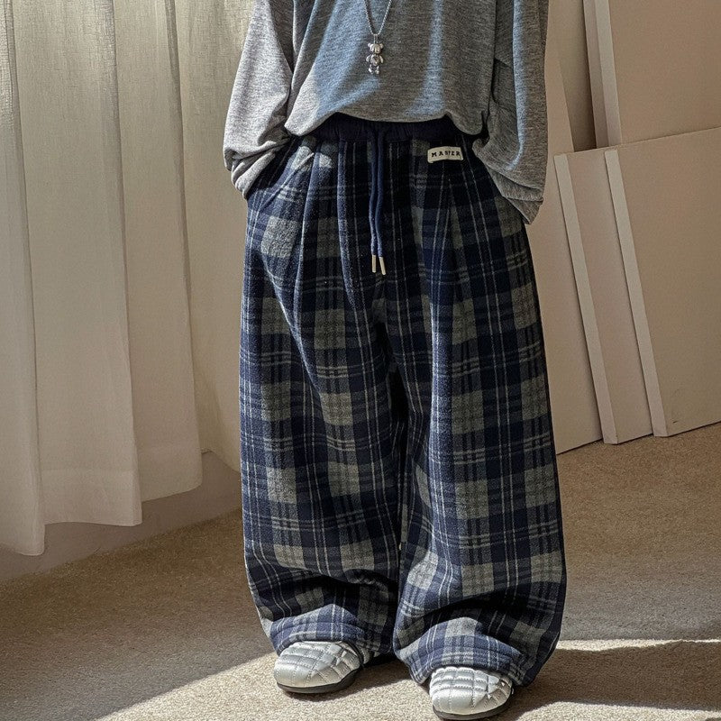 2025 Autumn Winter Cotton Boys Casual Pants Children Fleece-Lined Kids Plaid Loose Long Trouser Soft Warm 3-12 Years Outfit