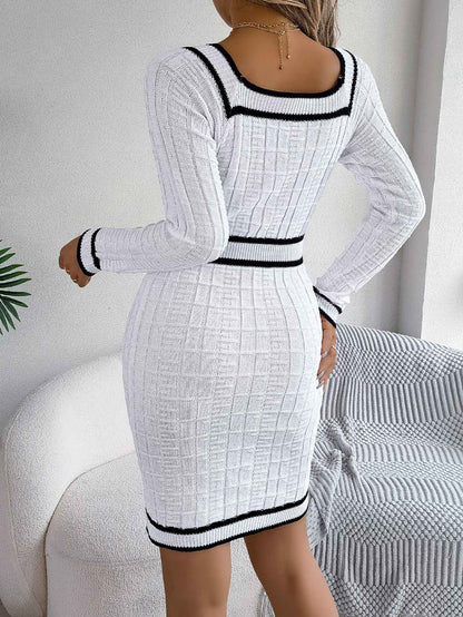 VigoCasey 2025 Women Blue Bodycon Knit Dress Autumn Winter Casual Long Sleeve Dress Lady Casual Square Neck Knitted Dresses