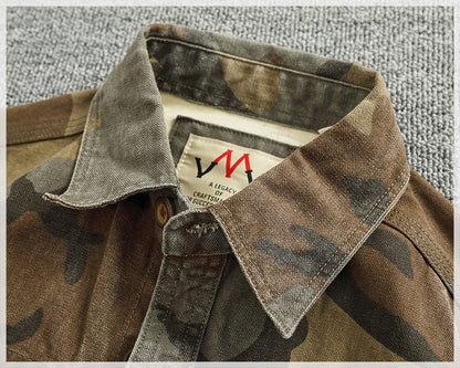 2024 Autumn and Winter New American Retro Woven Camouflage Cargo Shirt Men's 100% Cotton Washed Old Double Pockets Thin Jacket