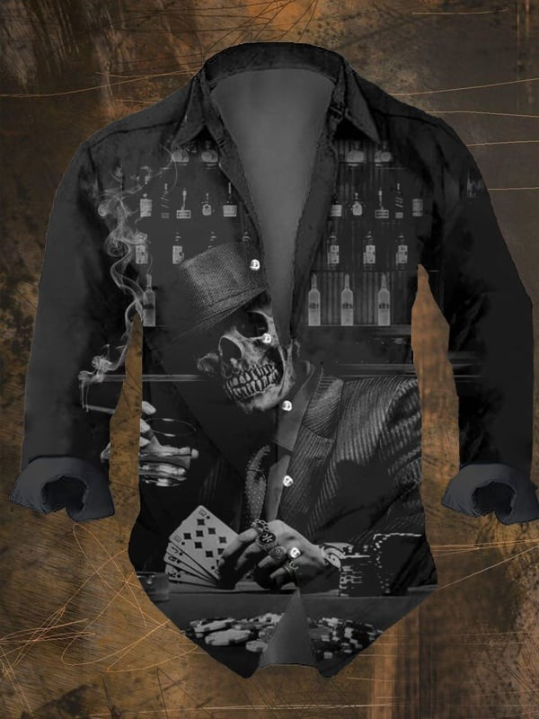 2024 Halloween Party Men's Vintage Dark Skull Print Long Sleeve Shirt - Skull Print,Regular Fit,, Lapel Collar, Polyester Blend