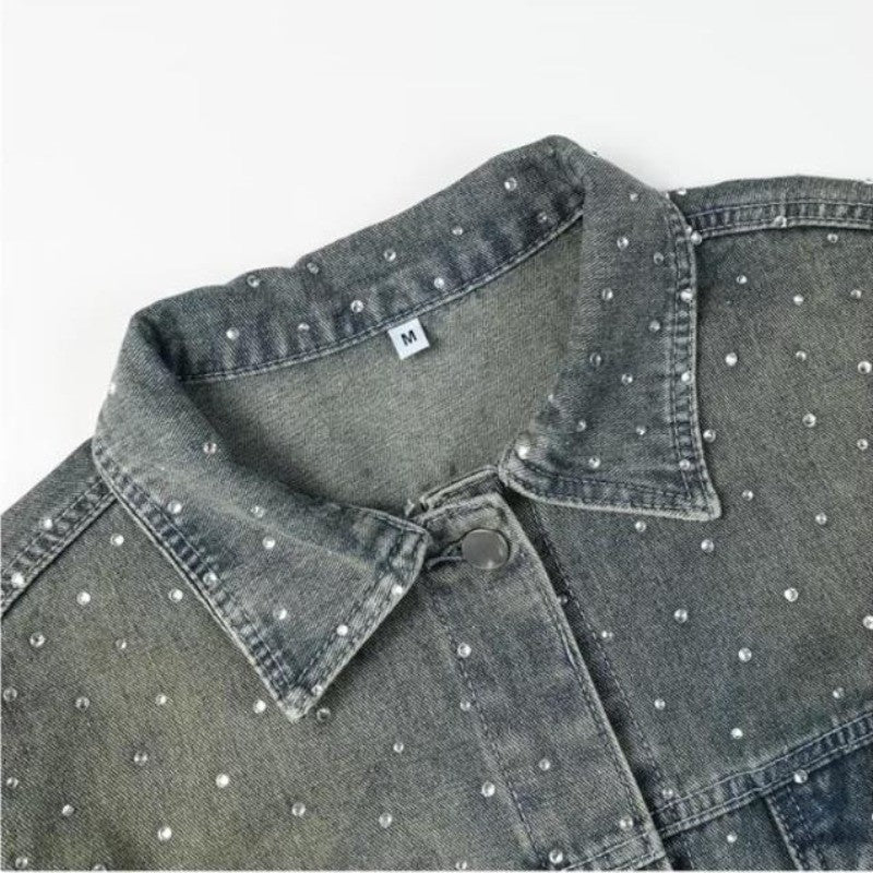 American Trendy Denim Jacket Mens Make Old Flash Diamond Fashion Outwear Spring Single-breasted Street Couple Cowboy Coats