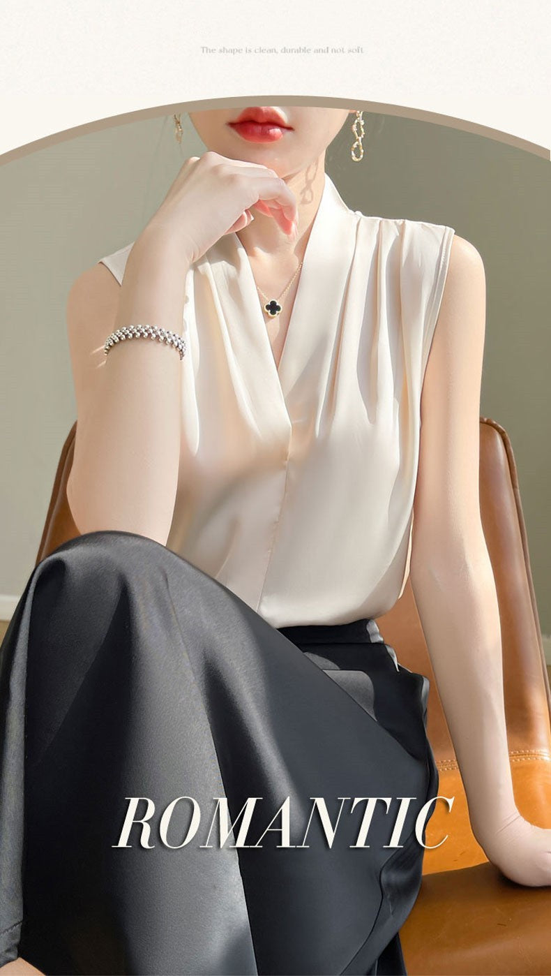 Womens Tops Blouses Solid Color White Satin Blouse Office Shirt Blusas Sleeveless Women Shirts Black White Female YTM A31