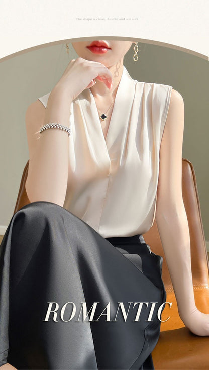 Womens Tops Blouses Solid Color White Satin Blouse Office Shirt Blusas Sleeveless Women Shirts Black White Female YTM A31