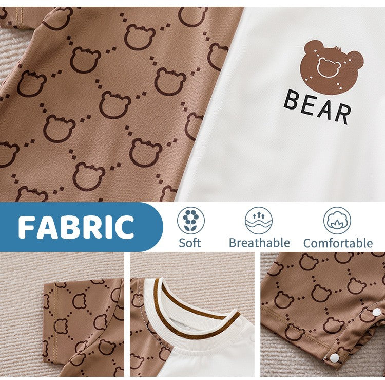 Roupas de Recém-Nascido Macacão de Ursinho de Pelúcia Desenho Animado Patchwork Confortável e Macio Verão Meninos e Meninas 0-18 Macacão de Bebê Manga Curta