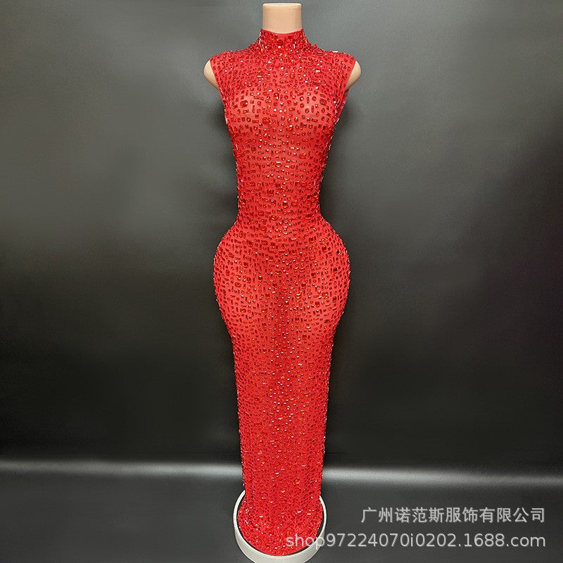Sexy Full Drill Elastic Slim Fit Sleeveless Long Dress - Hip Wrap, For Host Stage Catwalk & Engagement Evening High-Slit Dresses